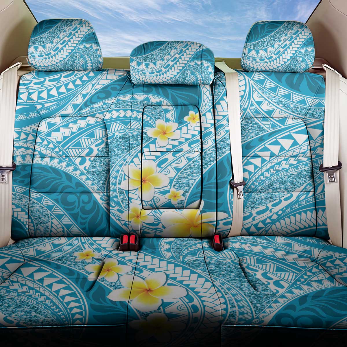 Plumeria Polynesian Sky Blue Glitter Pattern Back Car Seat Cover LT01 One Size Sky Blue - Polynesian Pride