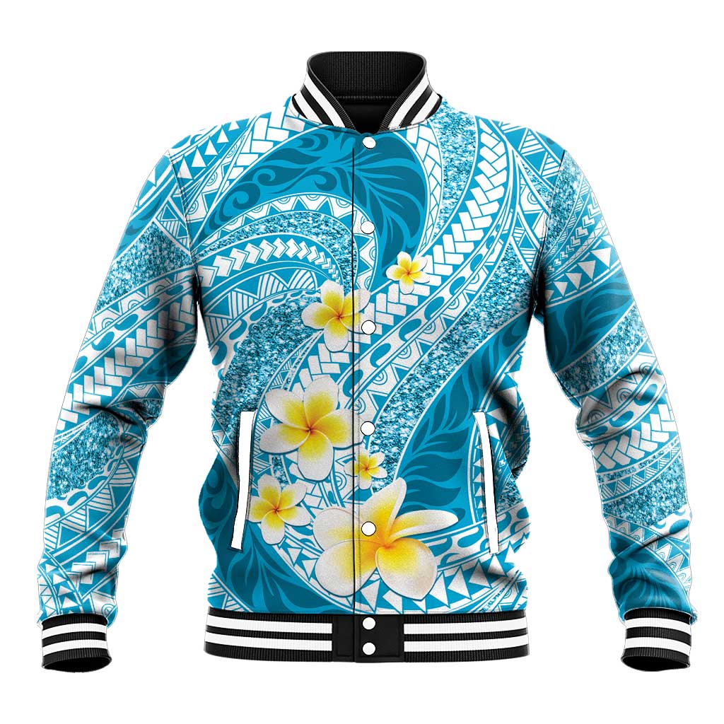 Plumeria Polynesian Sky Blue Glitter Pattern Baseball Jacket