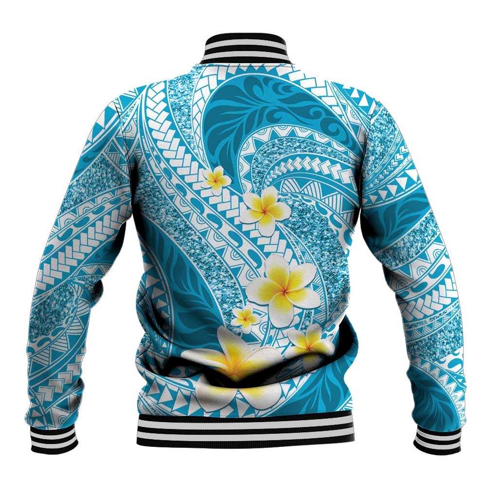 Plumeria Polynesian Sky Blue Glitter Pattern Baseball Jacket