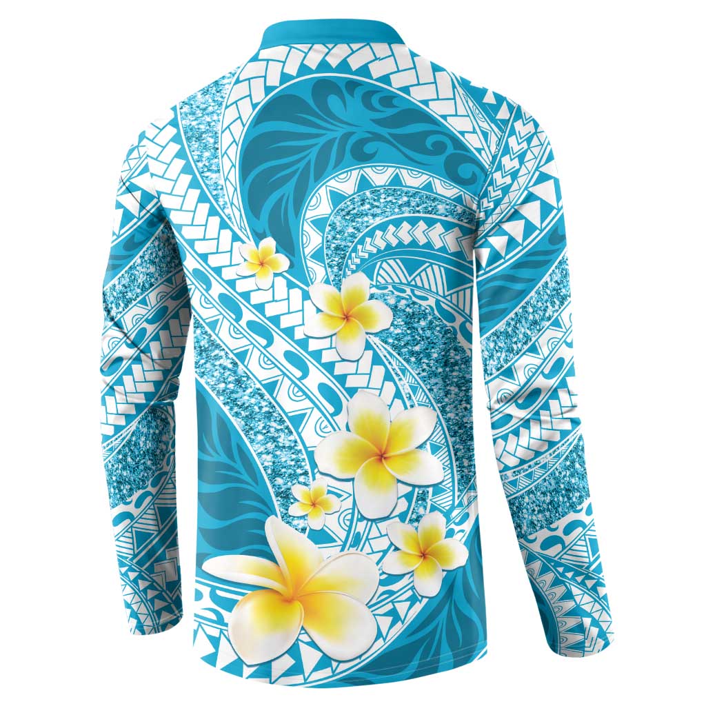 Plumeria Polynesian Sky Blue Glitter Pattern Button Sweatshirt