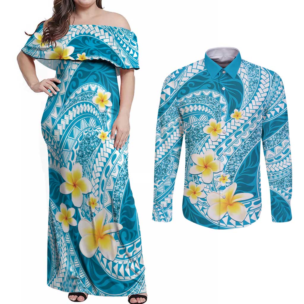 Plumeria Polynesian Sky Blue Glitter Pattern Couples Matching Off Shoulder Maxi Dress and Long Sleeve Button Shirt