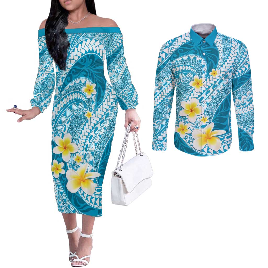 Plumeria Polynesian Sky Blue Glitter Pattern Couples Matching Off The Shoulder Long Sleeve Dress and Long Sleeve Button Shirt