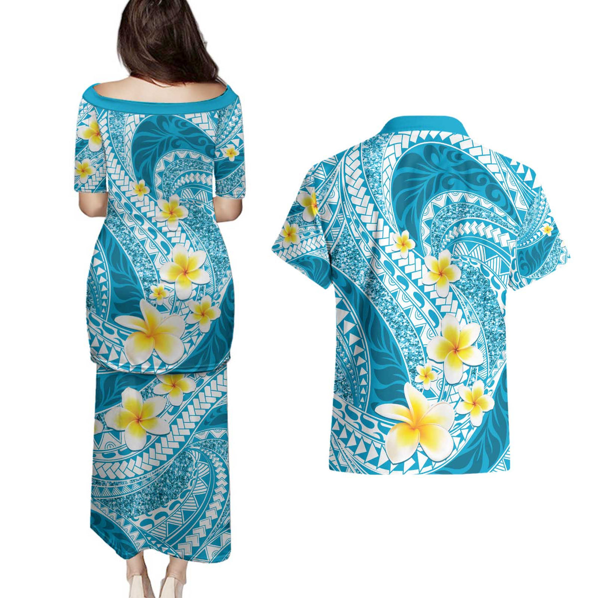 Plumeria Polynesian Sky Blue Glitter Pattern Couples Matching Puletasi and Hawaiian Shirt