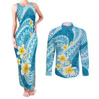 Plumeria Polynesian Sky Blue Glitter Pattern Couples Matching Tank Maxi Dress and Long Sleeve Button Shirt