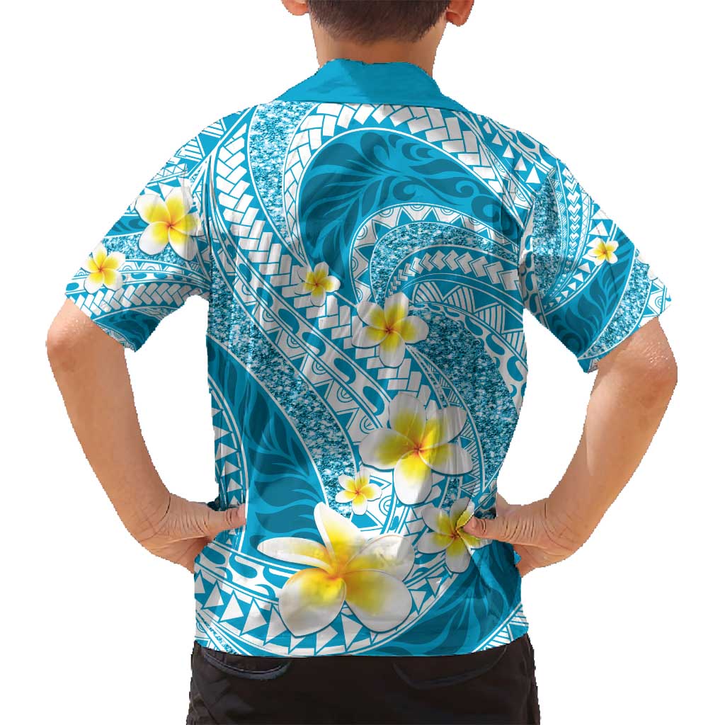 Plumeria Polynesian Sky Blue Glitter Pattern Family Matching Long Sleeve Bodycon Dress and Hawaiian Shirt