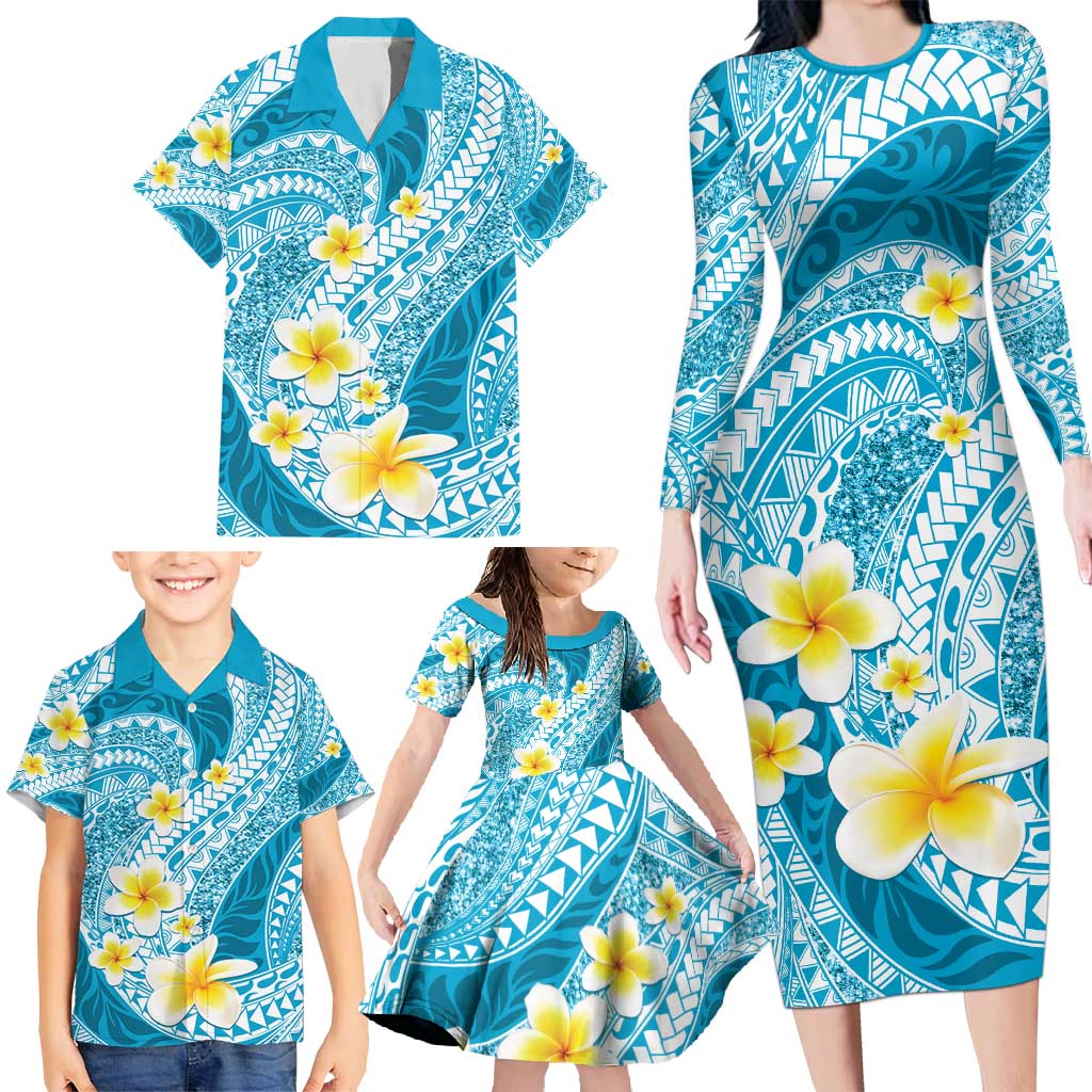 Plumeria Polynesian Sky Blue Glitter Pattern Family Matching Long Sleeve Bodycon Dress and Hawaiian Shirt LT01 - Polynesian Pride