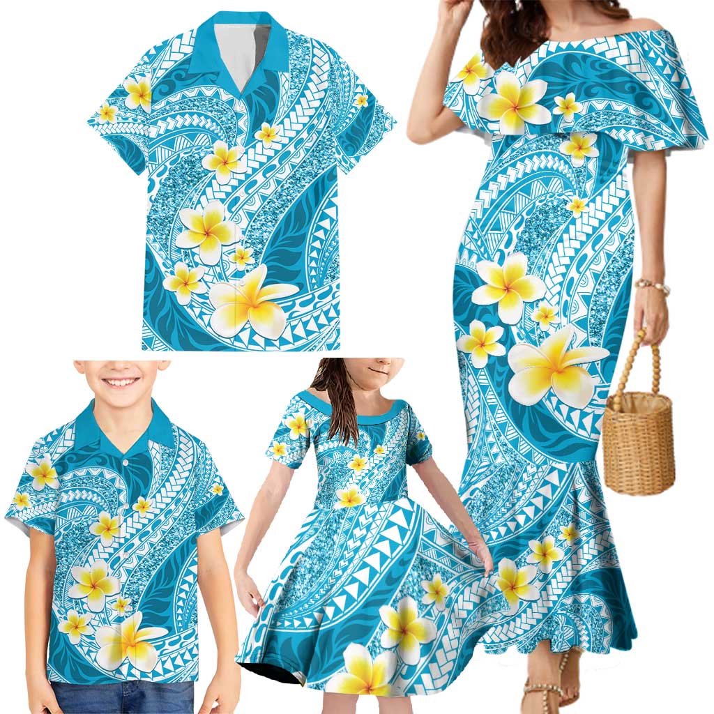 Plumeria Polynesian Sky Blue Glitter Pattern Family Matching Mermaid Dress and Hawaiian Shirt LT01 - Polynesian Pride