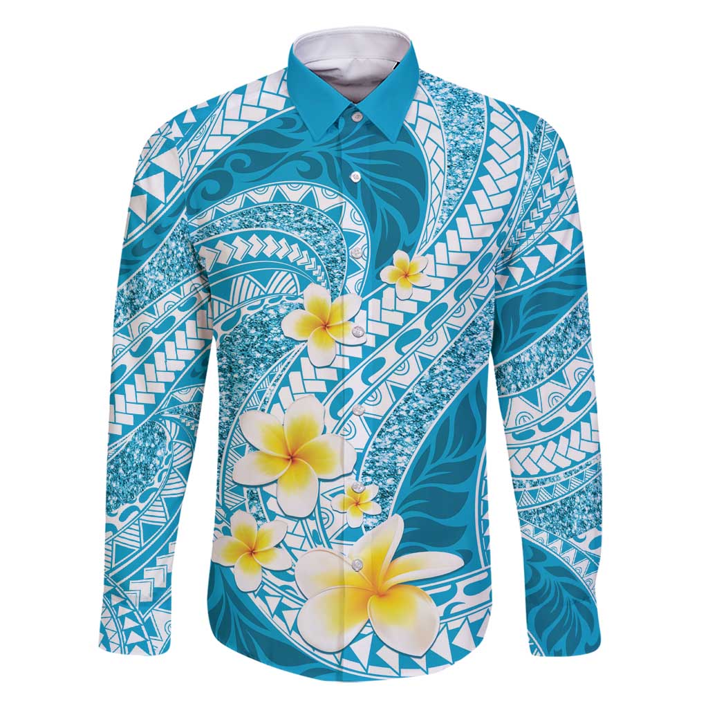 Plumeria Polynesian Sky Blue Glitter Pattern Family Matching Mermaid Dress and Hawaiian Shirt