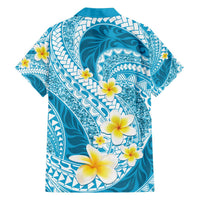 Plumeria Polynesian Sky Blue Glitter Pattern Family Matching Off The Shoulder Long Sleeve Dress and Hawaiian Shirt