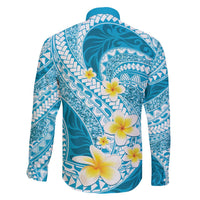 Plumeria Polynesian Sky Blue Glitter Pattern Family Matching Off The Shoulder Long Sleeve Dress and Hawaiian Shirt