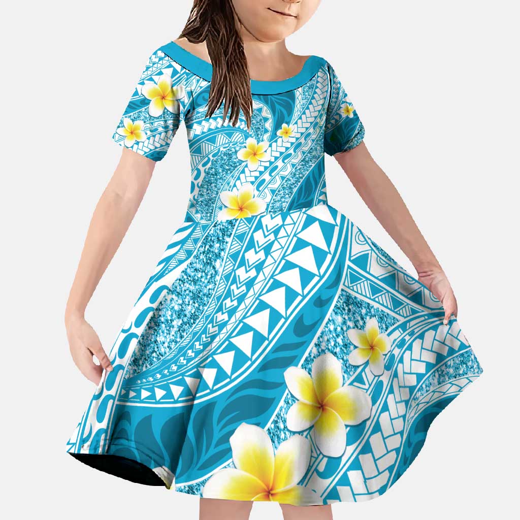 Plumeria Polynesian Sky Blue Glitter Pattern Family Matching Off Shoulder Maxi Dress and Hawaiian Shirt LT01 Daughter's Dress Sky Blue - Polynesian Pride