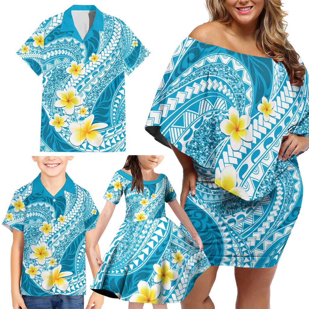Plumeria Polynesian Sky Blue Glitter Pattern Family Matching Off Shoulder Short Dress and Hawaiian Shirt LT01 - Polynesian Pride