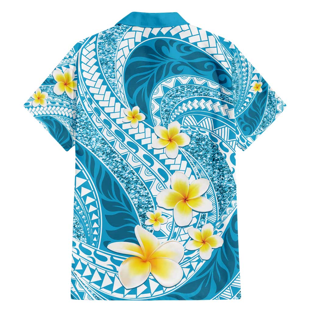 Plumeria Polynesian Sky Blue Glitter Pattern Family Matching Puletasi and Hawaiian Shirt