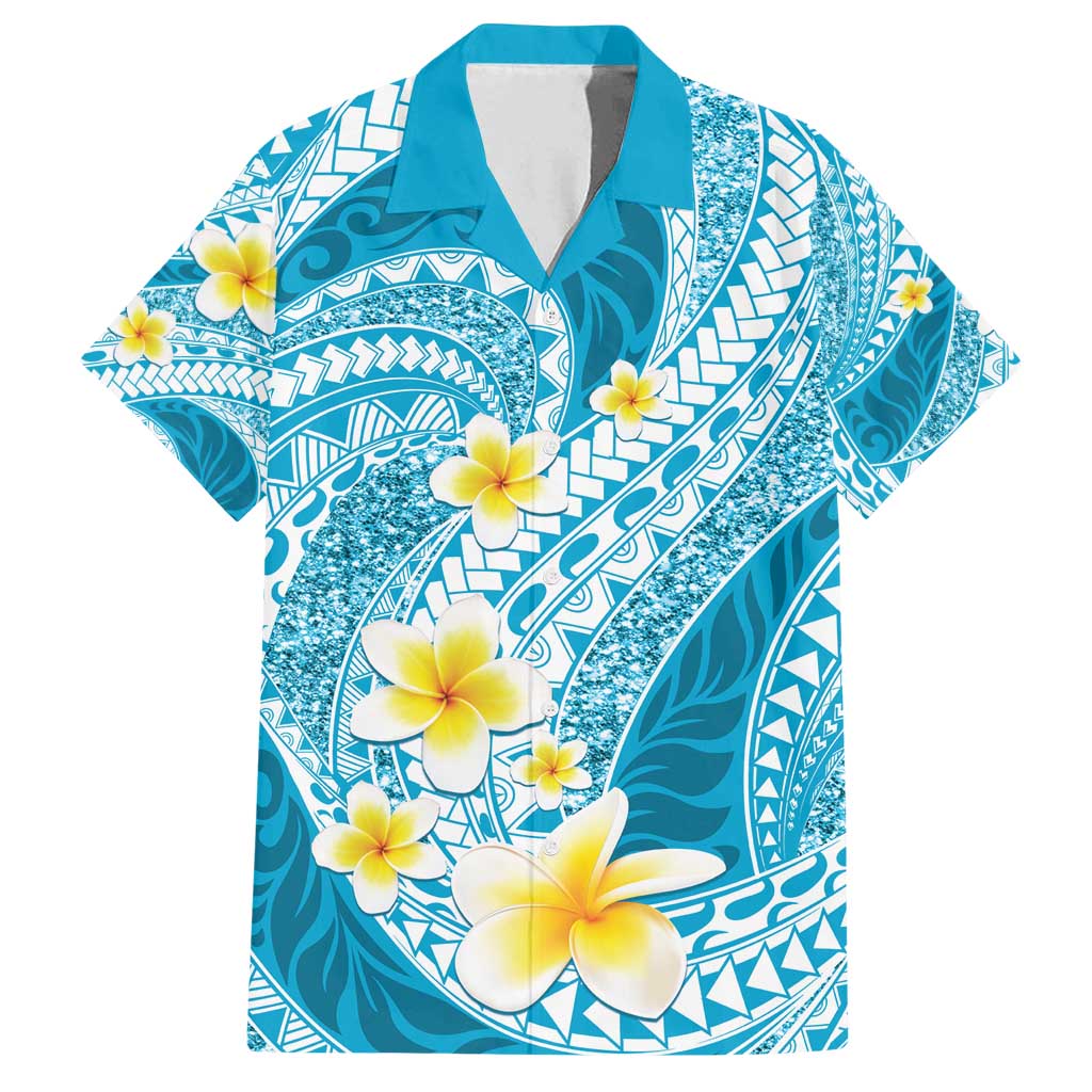 Plumeria Polynesian Sky Blue Glitter Pattern Family Matching Summer Maxi Dress and Hawaiian Shirt