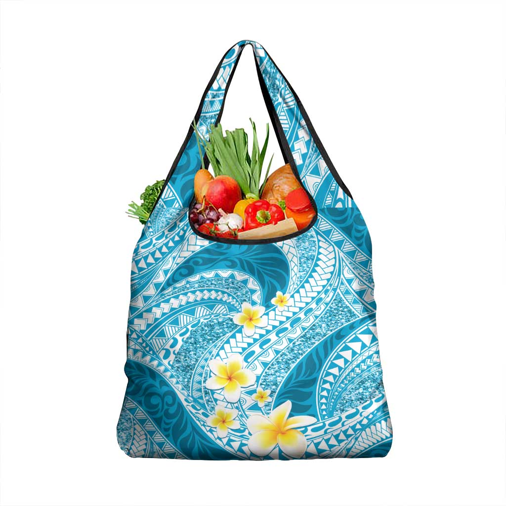 Plumeria Polynesian Sky Blue Glitter Pattern Grocery Bag LT01 1-pack One Size Sky Blue - Polynesian Pride
