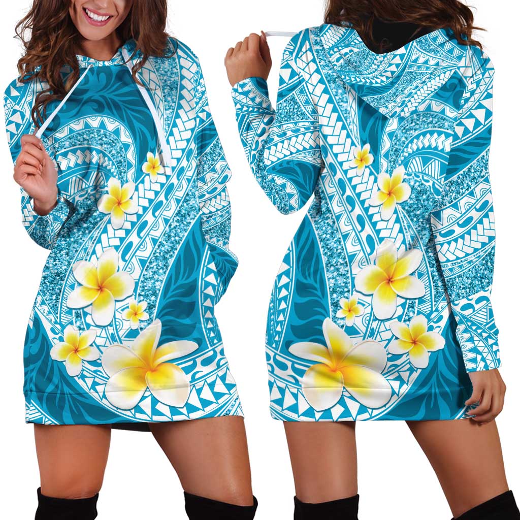 Plumeria Polynesian Sky Blue Glitter Pattern Hoodie Dress