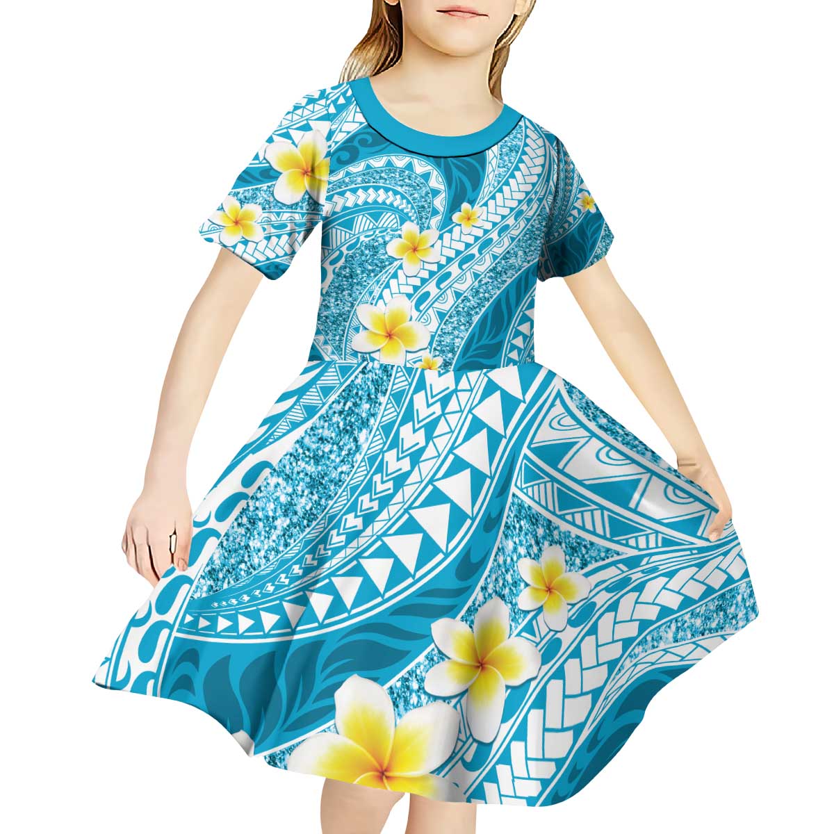Plumeria Polynesian Sky Blue Glitter Pattern Kid Short Sleeve Dress