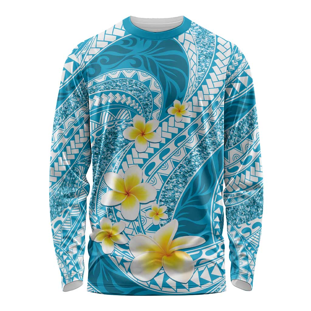 Plumeria Polynesian Sky Blue Glitter Pattern Long Sleeve Shirt