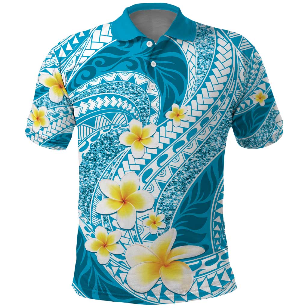Plumeria Polynesian Sky Blue Glitter Pattern Polo Shirt
