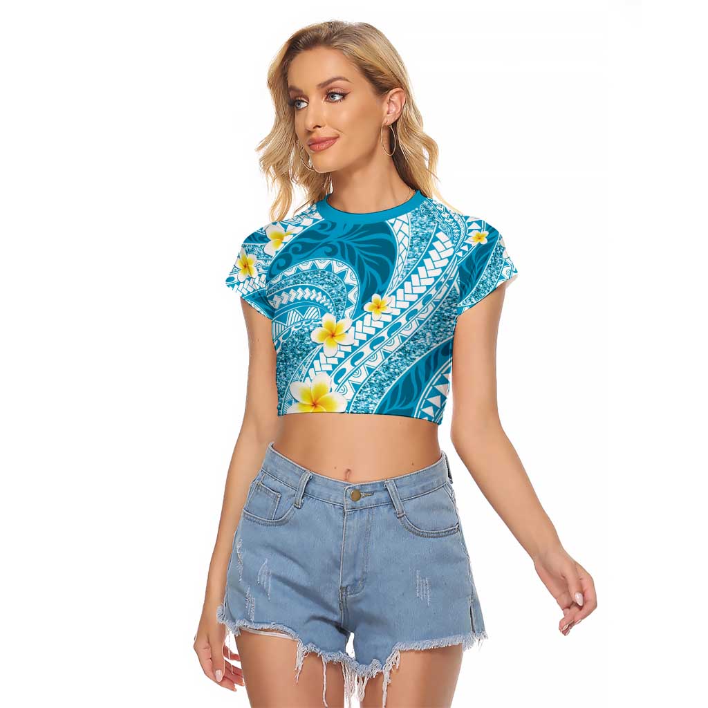 Plumeria Polynesian Sky Blue Glitter Pattern Raglan Cropped T Shirt