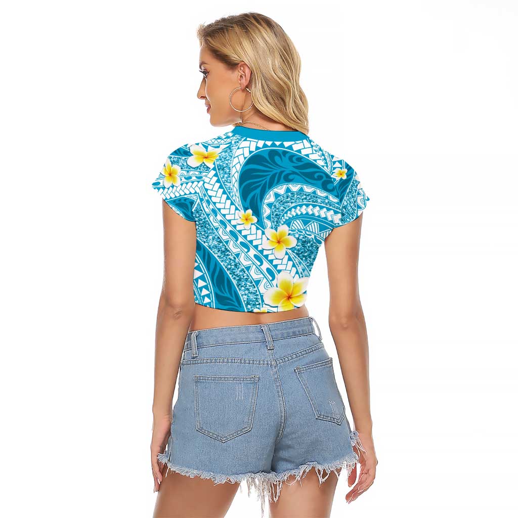 Plumeria Polynesian Sky Blue Glitter Pattern Raglan Cropped T Shirt