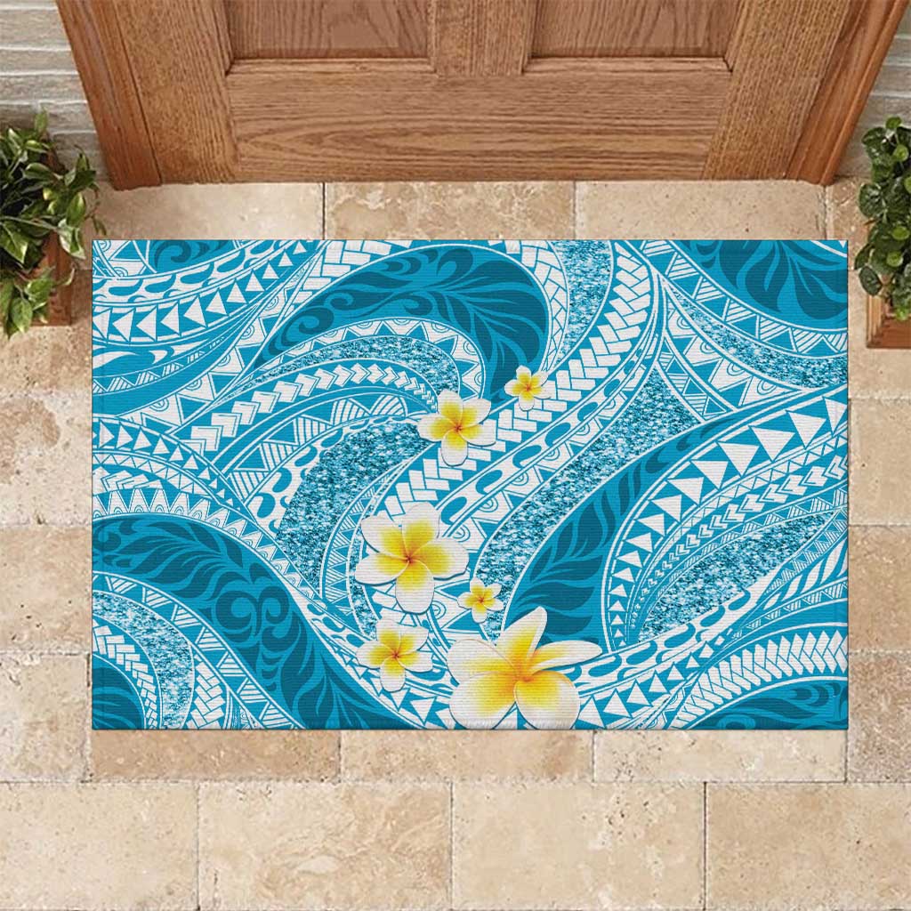 Plumeria Polynesian Sky Blue Glitter Pattern Rubber Doormat
