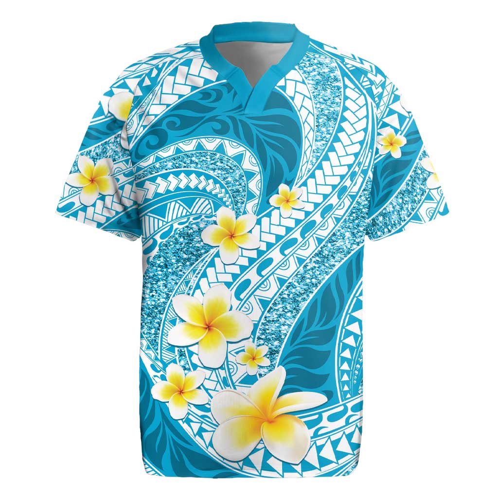 Plumeria Polynesian Sky Blue Glitter Pattern Rugby Jersey LT01 Sky Blue - Polynesian Pride