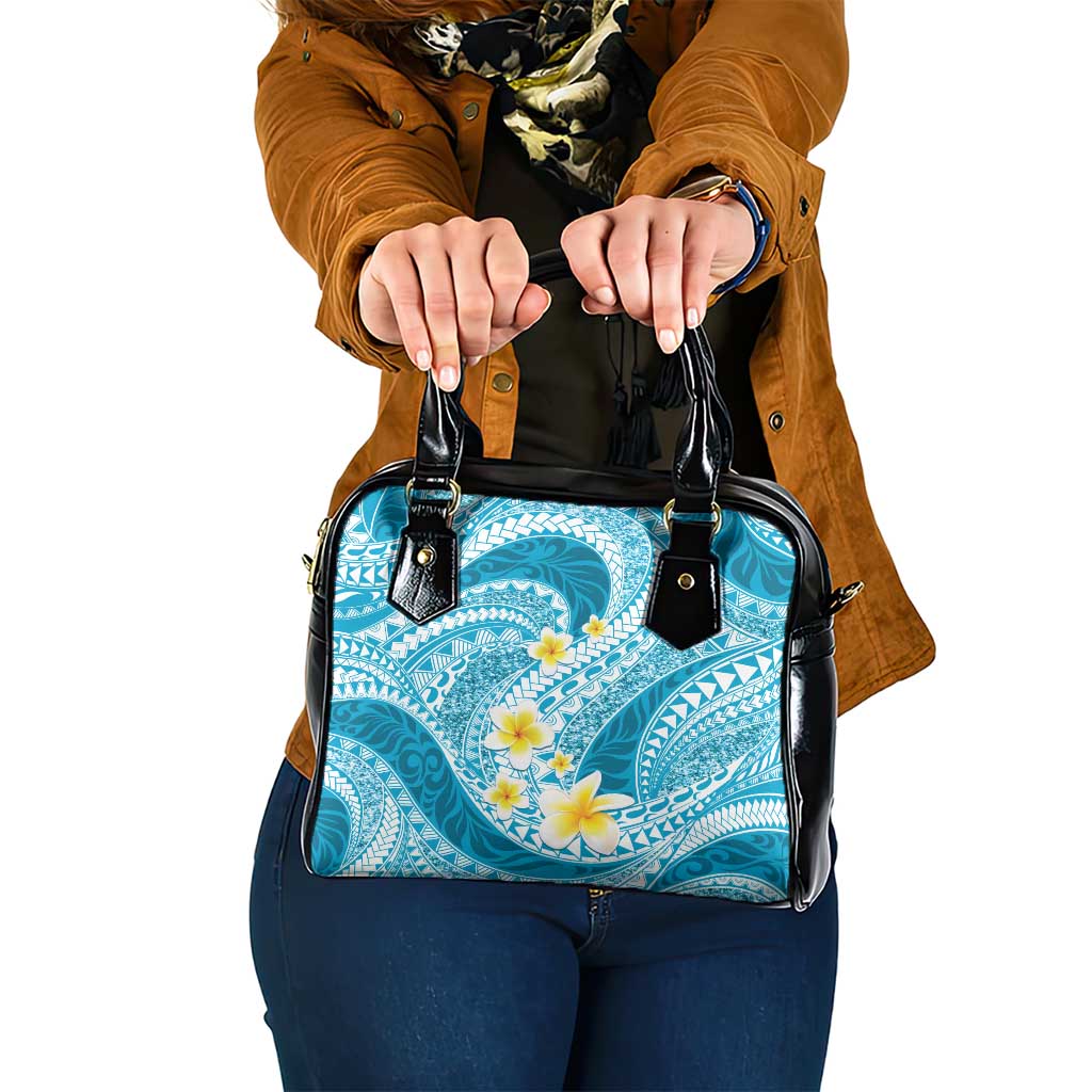 Plumeria Polynesian Sky Blue Glitter Pattern Shoulder Handbag LT01 One Size Sky Blue - Polynesian Pride