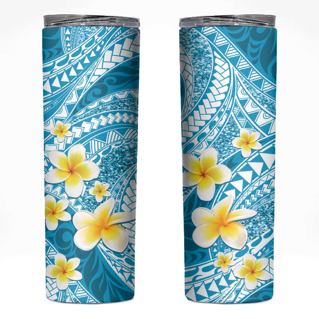 Plumeria Polynesian Sky Blue Glitter Pattern Skinny Tumbler LT01 Sky Blue - Polynesian Pride