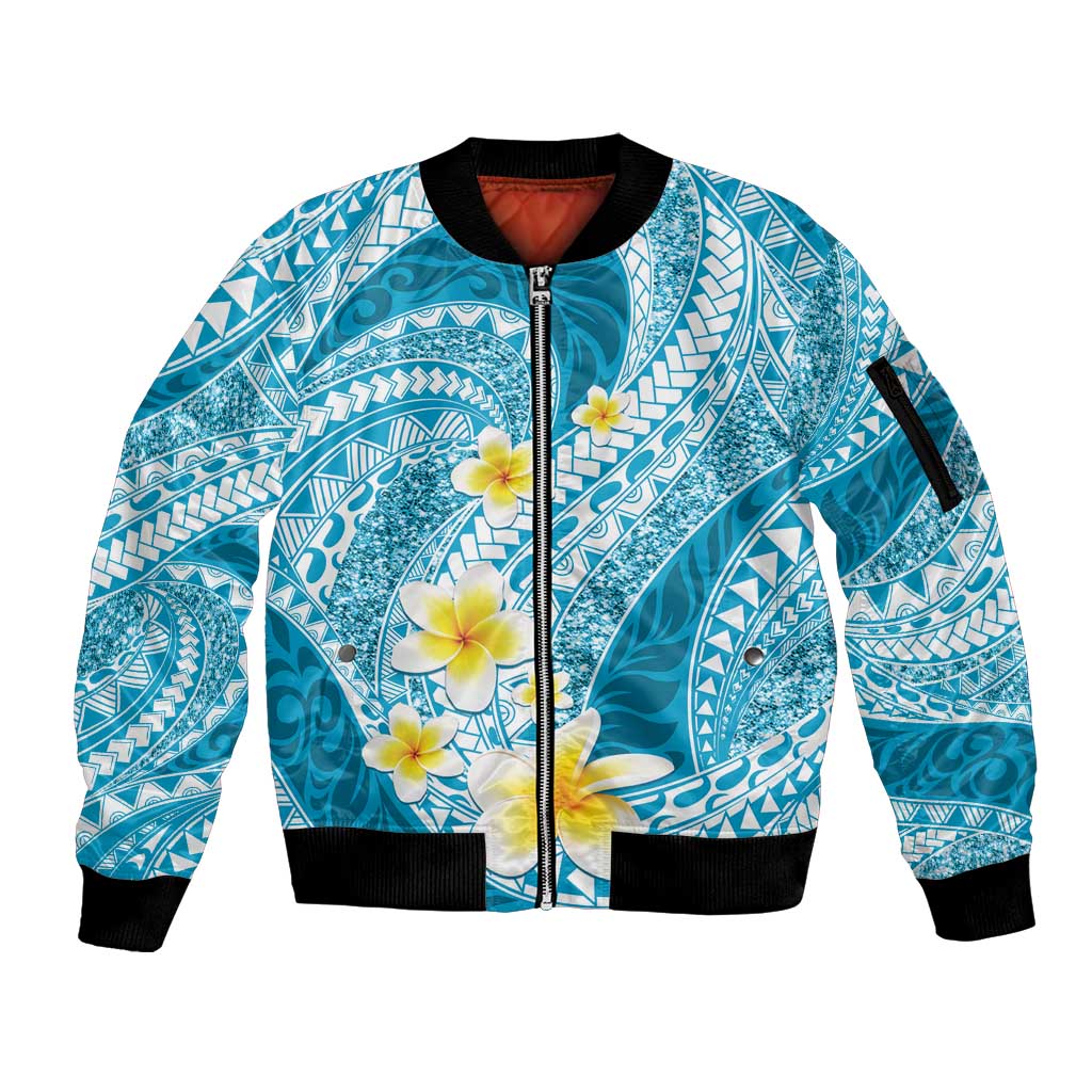 Plumeria Polynesian Sky Blue Glitter Pattern Sleeve Zip Bomber Jacket LT01 Unisex Sky Blue - Polynesian Pride