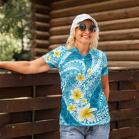 Plumeria Polynesian Sky Blue Glitter Pattern Women Polo Shirt