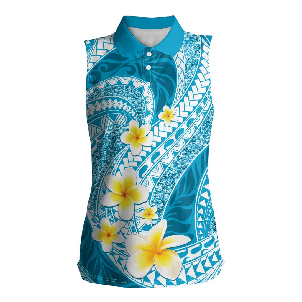 Plumeria Polynesian Sky Blue Glitter Pattern Women Sleeveless Polo Shirt