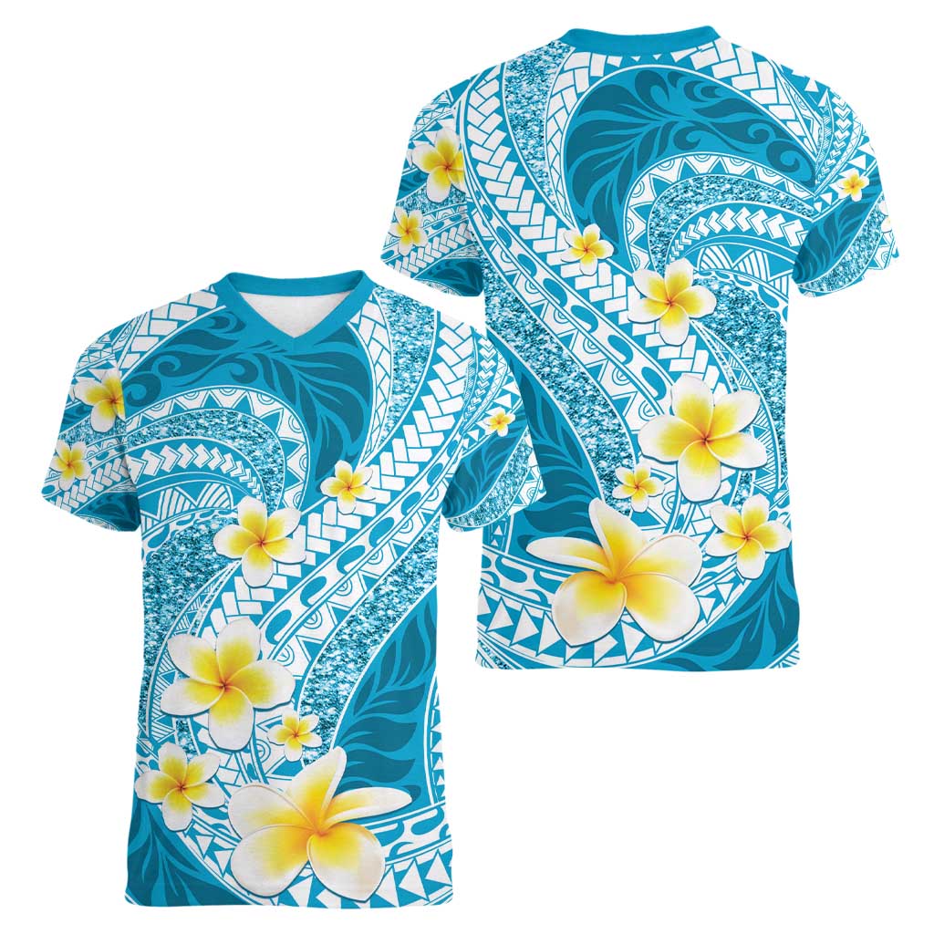 Plumeria Polynesian Sky Blue Glitter Pattern Women V-Neck T-Shirt