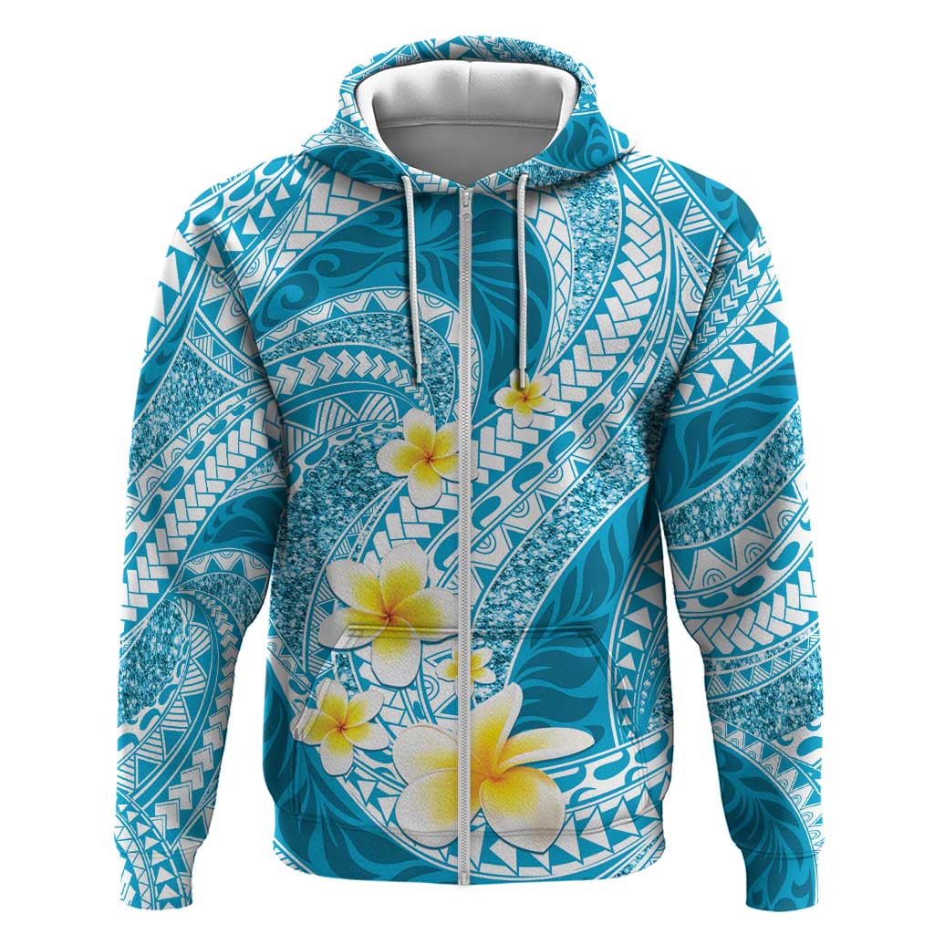 Plumeria Polynesian Sky Blue Glitter Pattern Zip Hoodie LT01 Zip Hoodie Sky Blue - Polynesian Pride