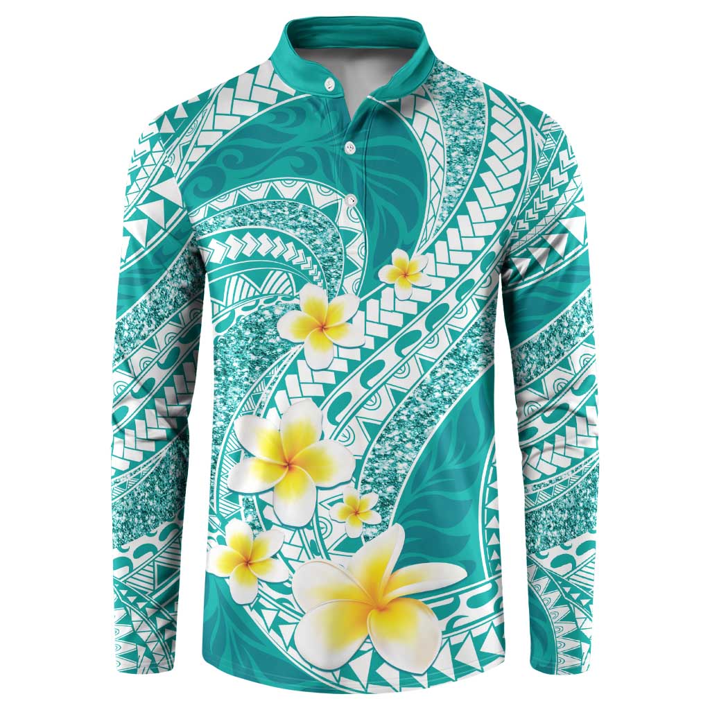 Plumeria Polynesian Teal Glitter Pattern Button Sweatshirt