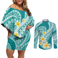 Plumeria Polynesian Teal Glitter Pattern Couples Matching Off Shoulder Short Dress and Long Sleeve Button Shirt