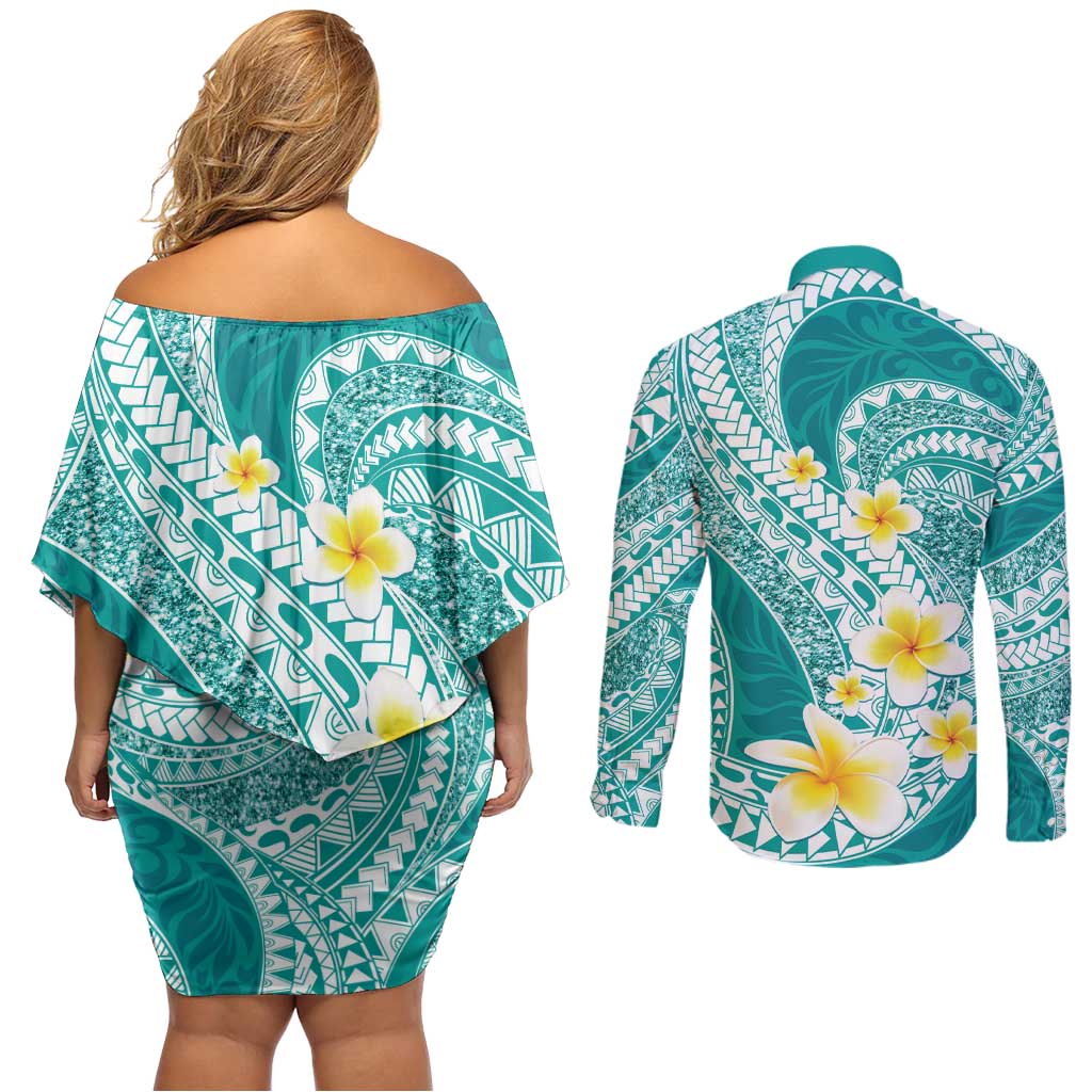 Plumeria Polynesian Teal Glitter Pattern Couples Matching Off Shoulder Short Dress and Long Sleeve Button Shirt