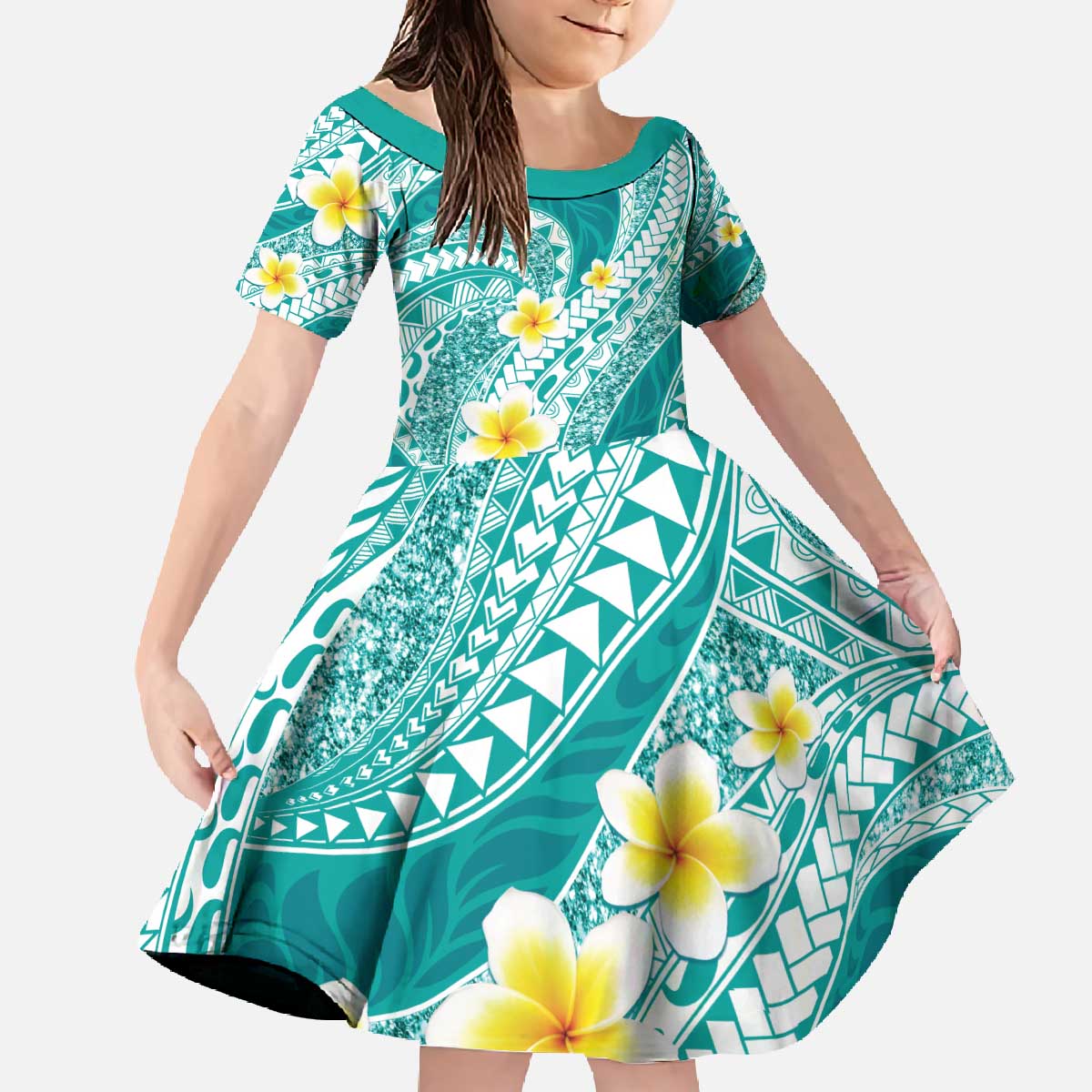 Plumeria Polynesian Teal Glitter Pattern Family Matching Off The Shoulder Long Sleeve Dress and Hawaiian Shirt LT01 Daughter's Dress Teal - Polynesian Pride