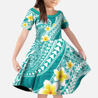 Plumeria Polynesian Teal Glitter Pattern Family Matching Off The Shoulder Long Sleeve Dress and Hawaiian Shirt LT01 Daughter's Dress Teal - Polynesian Pride