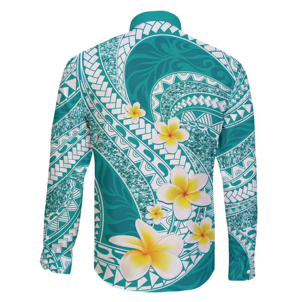 Plumeria Polynesian Teal Glitter Pattern Family Matching Off The Shoulder Long Sleeve Dress and Hawaiian Shirt LT01 - Polynesian Pride