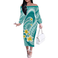 Plumeria Polynesian Teal Glitter Pattern Family Matching Off The Shoulder Long Sleeve Dress and Hawaiian Shirt LT01 Mom's Dress Teal - Polynesian Pride