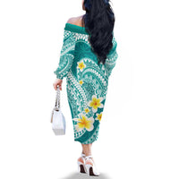 Plumeria Polynesian Teal Glitter Pattern Family Matching Off The Shoulder Long Sleeve Dress and Hawaiian Shirt LT01 - Polynesian Pride
