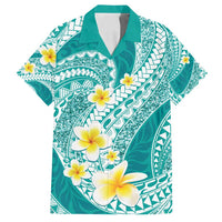 Plumeria Polynesian Teal Glitter Pattern Family Matching Off Shoulder Maxi Dress and Hawaiian Shirt