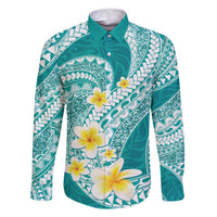 Plumeria Polynesian Teal Glitter Pattern Family Matching Off Shoulder Maxi Dress and Hawaiian Shirt