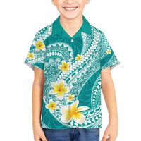 Plumeria Polynesian Teal Glitter Pattern Family Matching Off Shoulder Maxi Dress and Hawaiian Shirt