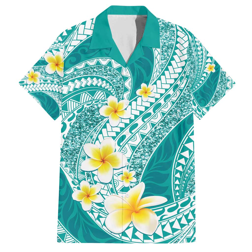 Plumeria Polynesian Teal Glitter Pattern Family Matching Puletasi and Hawaiian Shirt