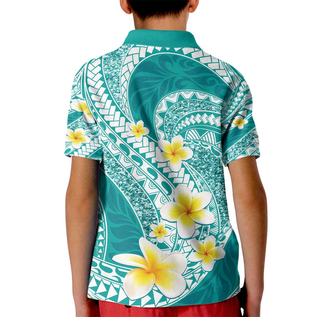 Plumeria Polynesian Teal Glitter Pattern Kid Polo Shirt