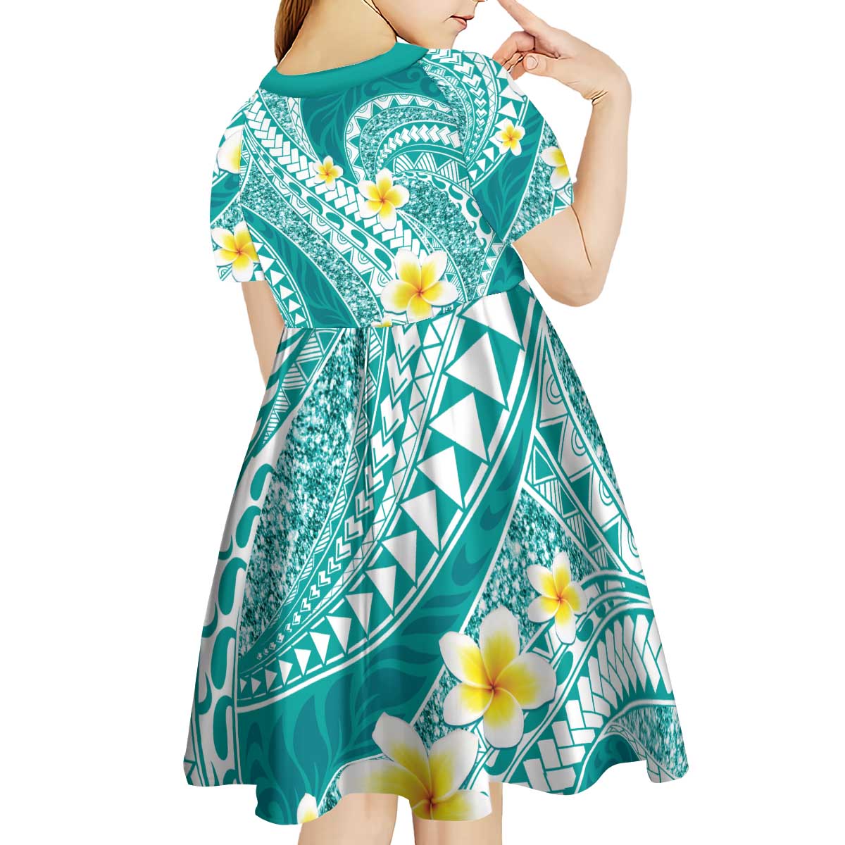 Plumeria Polynesian Teal Glitter Pattern Kid Short Sleeve Dress