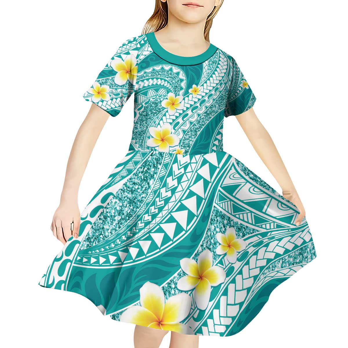 Plumeria Polynesian Teal Glitter Pattern Kid Short Sleeve Dress
