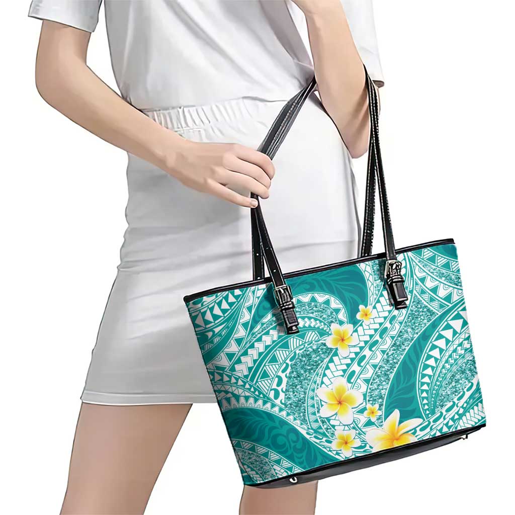 Plumeria Polynesian Teal Glitter Pattern Leather Tote Bag